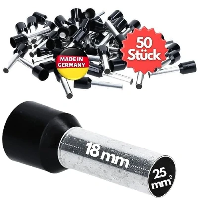 Afbeelding van 50 stuks Kalitec AE2518SW adereindhulzen geïsoleerd 25mm² 18mm lang zwart I Made in Germany Industriële kwaliteit