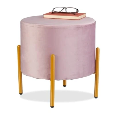 Afbeelding van Relaxdays velvet poef metalen pootjes 39 x 37 cm tot 100 kg roze goud