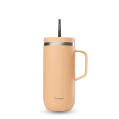 Afbeelding van QWETCH Cold Cup 600 ml met handvat en rietje 24 uur ijskoud 12 koud abrikoos thermosfles van roestvrij staal, koffiemok