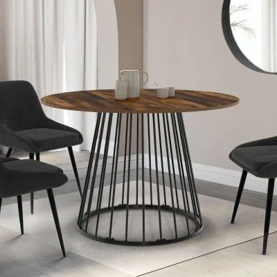 Image de Table à manger ronde YUNA 6 personnes plateau bois foncé HAWKINS et noir 110 cm IDMarket