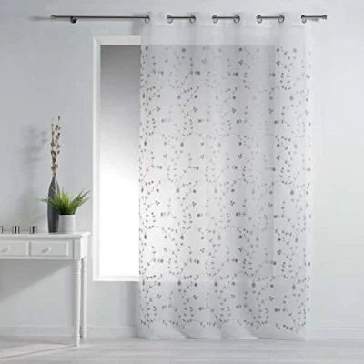 Image de Panneau a oeillets 140 x 240 cm voile sable brode petite fleur Blanc/Gris Douceur d&#039;Intérieur
