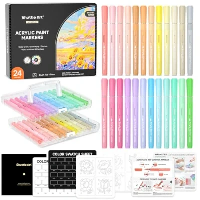 Afbeelding van Shuttle Art Acrylverfmarker, automatische inktcontrole, 24 pastelkleuren, penseelpunt, voor rotsen, keramiek, hout, canvas, glas, steen, stof, productie