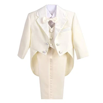 Afbeelding van Lito Angels Smoking voor baby&#039;s, jongens, 5 delige set (blazer, vest, overhemd, vlinderdas en broek), bruiloftskostuum, ceremonie, doop, maat 3 12 maanden, wit/zwart/ivoor, Ivoor