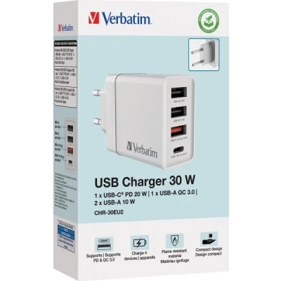 Afbeelding van Verbatim oplaadadapter, CHR 30EU2, 30W, GaN, wit 2x USB A, 1x A QC, C PD, detailhandel