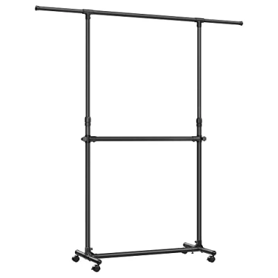 Afbeelding van SONGMICS Kledingrek met dubbele stang, kapstok, kledingrek, in hoogte verstelbaar van 113 tot 180 cm, verstelbare middenstang, zwart LLR401B01