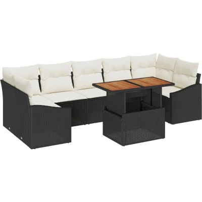 Afbeelding van vidaXL 8 delige Tuin Eetset met Kussens Zwarte Poly Rattan Acacia