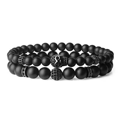 Afbeelding van COAI Set van twee herenarmbanden matte Onyx en schedel amulet, armbanden natuursteen met koperen inzetstukken zirkonia, Koper zirkonium steen,