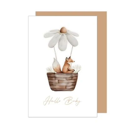 Afbeelding van Edition Seidel Hoogwaardige geboortewenskaart met envelop wenskaart voor baby Hello ticket jongen en meisje motief bloemen heteluchtballon vos (E284 SW024)