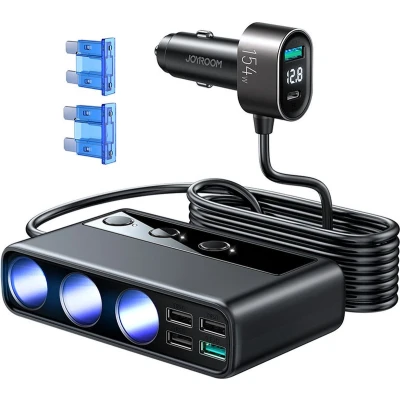 Afbeelding van Joyroom Autolader met Sigarettenaansteker Splitter Snellader 154W Zwart [3 x 12V, 4 USB A, C, QC3.0 A]