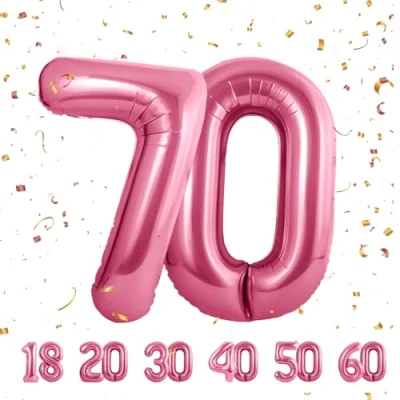 Afbeelding van Ballonnen verjaardag 70 roze 100 cm ballon cijfer 70, nummer Happy Birthday decoratie, ballonnen, verjaardagsfeest, jaren vliegen dankzij heliumballonnen