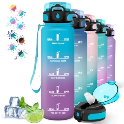 Afbeelding van Herbruikbare waterfles met tijdmarkering voor wandelen, hardlopen, fietsen, kamperen, 1 liter, blauw paars