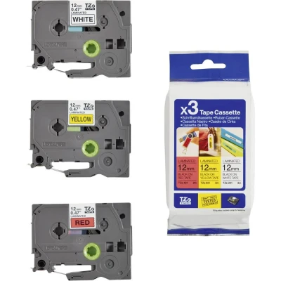 Afbeelding van Brother TZe 31M3 Labeltape Set van 3 stuks Tapekleur: Wit, Geel, Rood Tekstkleur: Zwart 12 mm 8 m