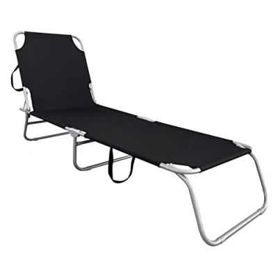 Afbeelding van ligstoel voor in tuin, inklapbaar, met 3 poten, draagriemen, relaxstoel rugleuning 4 standen verstelbaar, camping, zwembad, spa, wellness, zwart