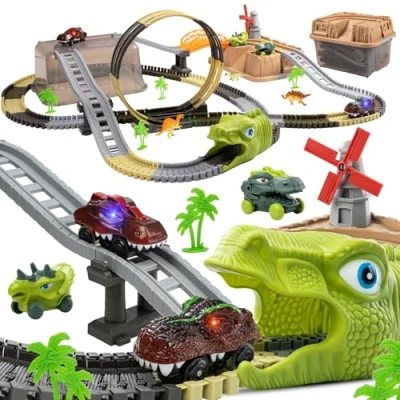 Afbeelding van TUMAMA 255 stuks dinosaurusspeelgoed voor kinderen vanaf 3, 4, 5, 6 jaar, snelwegtrein, met 2 auto&#039;s, 360 elektrisch circuit, racebaan, trein, bouwplaats