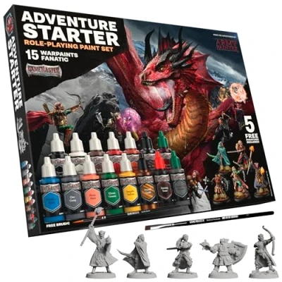 Afbeelding van The Army Painter, GameMaster: Adventure Starter Role playing Paint Set Combo, 15 x 18 ml Warpaints Fanatic acrylverf, incl. een primer om aan te brengen met kwast, 5 miniaturen en 2 penselen