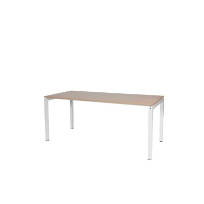Afbeelding van Cubeo 4 poot bureau, zit/zit hoogte verstelbaar (62 85cm) dmv slinger met 180x80cm havana/ kersen licht 25mm blad en wit (RAL9010) frame