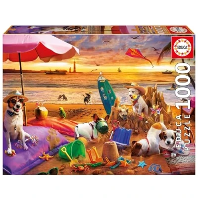 Afbeelding van Educa 1000 stukjes puzzel voor volwassenen Honden spelen op het strand. Inclusief Fix lijm. Afmetingen: 68 x 48 cm. Vanaf 14 jaar (20312)