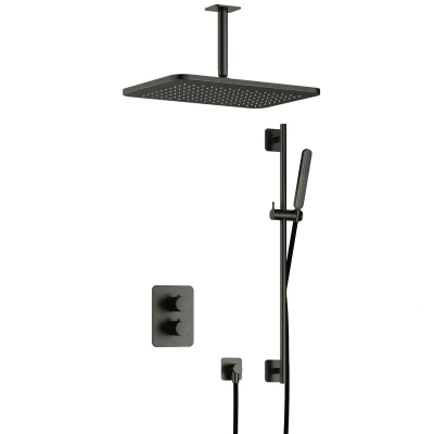 Afbeelding van Hotbath Gal Regendoucheset IBS40A Geborsteld Gunmetal PVD Staaf Handdouche 40cm Hoofddouche Plafondbuis 15cm met glijstang