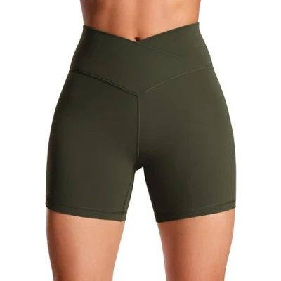 Afbeelding van CRZ yoga Dames Butterluxe crossovers hoge taille training biker shorts 13 cm, Groene Olijf, 40
