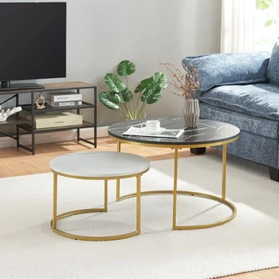 Afbeelding van Salontafel Christchurch rond set van 2 marmer zwart wit en goudkleurig [en.casa]