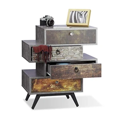 Afbeelding van Relaxdays vintage dressoir met 4 lades betonnen look ladekast motief commode
