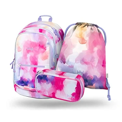 Afbeelding van Baagl schoolrugzak voor meisjes, 3 delig, schooltas vanaf de 3e klas, basisschooltas met borstriem, ergonomische schooltas, Skate Pink Stripes, schoolrugzak,