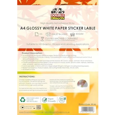 Afbeelding van Double Dragon Lot de 50 feuilles papier adhésif imprimable A4 blanc brillant Étiquettes arrière autocollantes pour imprimante laser 1 étiquette par feuille Parfait les adresses,