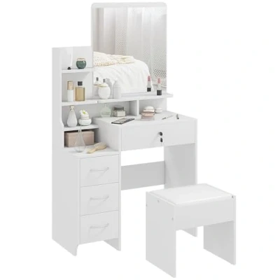 Afbeelding van HOMCOM Make uptafelset met gevoerde kruk, grote spiegel, meerdere open planken + 4 laden, wit