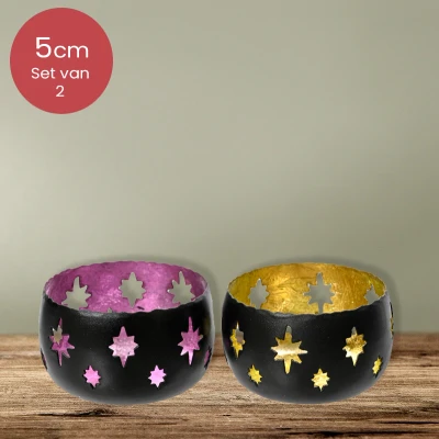Afbeelding van Zwart ijzeren waxinelichthouders met sterren Duo pack Ø8,5 x 5 cm kerstdecoratie kerst luxe theelichthouder voor kaarsjes