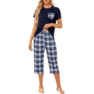 Afbeelding van Reliwel Katoenen pyjamaset voor dames, T shirt met korte mouwen en 3/4 geruite broek, tweedelig zakken, lente, zomer, herfst, Lila.