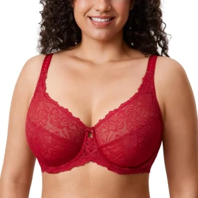 Afbeelding van DELIMIRA Minimizer Beha voor dames, grote maten, zonder vulling, volledige cups met kant, Rood
