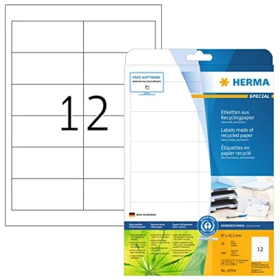 Afbeelding van HERMA 10704 20 vellen gerecyclede etiketten, 97 x 42,3 mm, 12 per A4 vel, 240 stuks, zelfklevend, bedrukbaar, mat, blanco gerecycled papier, natuurlijk wit