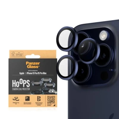 Afbeelding van PanzerGlass Optical Hoop Rings Geschikt voor Apple iPhone 15 Pro / Max Camera Lens Protector Glas Schokbestendig Krasbestendig met Applicator Metaal Blauw