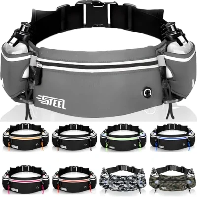 Afbeelding van Ceinture Running Course à Pied, Sac Banane Sport Belt avec Gourde Souple Porte Bidon Poche Etanche Homme Femme pour Smartphone iPhone Samsung Galaxy, Confortable Jogging ((Gris (Noir)))
