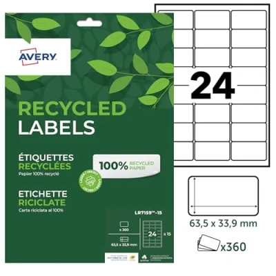 Afbeelding van AVERY Verpakking met 360 100% gerecyclede etiketten &quot;MonTimbrenline&quot; zelfklevend, personaliseerbaar en bedrukbaar. Formaat 63,5 x 33,9 mm. Laser inkjetprinter. (LR7159 15)