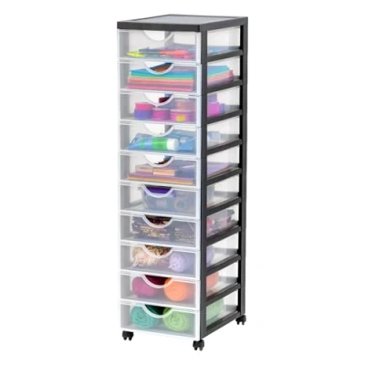 Afbeelding van Iris Ohyama, DDDC 010 Opbergtoren met wielen, van kunststof, 10 kleine laden, zwart, gemakkelijk te openen, opbergkast, schrijfwaren, voor slaapkamer, badkamer, school en kantoor, BPA vrij