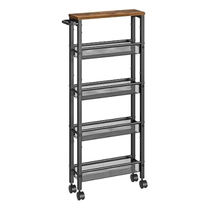 Afbeelding van VASAGLE LRC034B01 Keukenwagen met 5 niveaus, nisrek op wielen, staal, handvat, voor kleine ruimtes, geschikt keuken, badkamer, woonkamer, kantoor, 13 x 45,4 99,6 cm