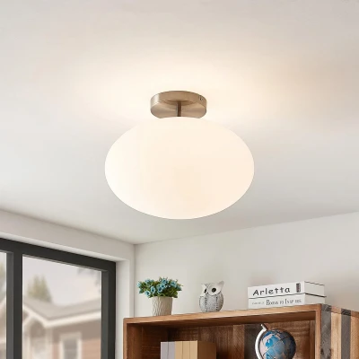 Afbeelding van Lindby plafondlamp 1licht ijzer, glas H: 33 cm E27 nikkel satijn, opaalwit