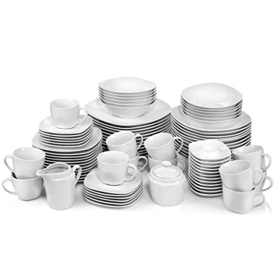 Afbeelding van Sänger Bilgola 86 delig porseleinen tafelservies voor 12 personen, platte borden, soepkommen, dessertborden, kopjes en schoteltjes, eierdopjes, melk suikerset