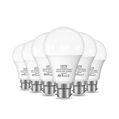 Afbeelding van LUTW 6 x B22 bajonetlampen, 60 W, koudwit, 6500 K, 9 900 lumen, spaarlampen, BC GLS