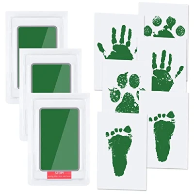 Afbeelding van Vicloon babyhand en voetafdrukset Inktset voor voetafdrukken met 3 stempelkussens 6 printkaarten, inktvrije printset