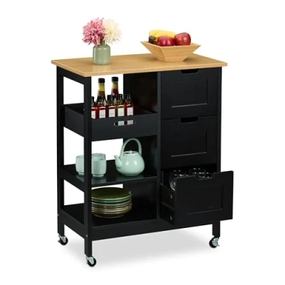 Afbeelding van keukentrolley op wieltjes met werkblad 3 lades 85 x 68,5 38,5 cm zwart