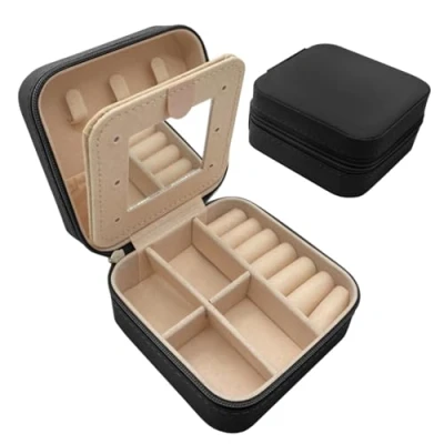 Afbeelding van igadgitz home U7285 Mini Draagbare Sieradendoos Kleine Sieraden Doos Reizen Organisator Reisetui Met Spiegel Zwart