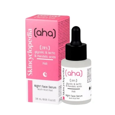 Afbeelding van Skincyclopedia Nacht Peeling Gezichtsserum met 20% Melkzuur, Glycolzuur, Amandelzuur en Polyhydroxyzuren 30ml helpt bij tekenen van veroudering, hyperpigmentatie oneffenheden