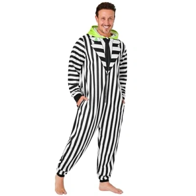 Afbeelding van Beetlejuice fleece overall voor heren met capuchon, binnenkleding grappig cadeau hem, Zwart/Wit
