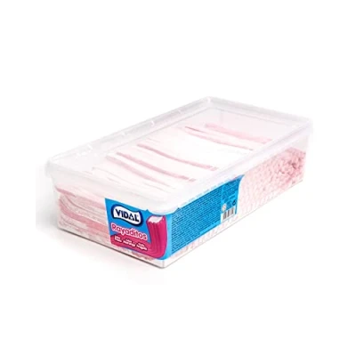 Afbeelding van Vidal Gestreepte traktaties Aardbeien Zoethout Gevuld met een intense aardbeiensmaak Roze en Wit 200 stuks Dienblad