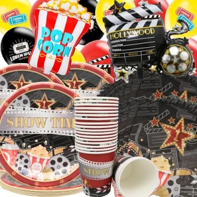 Afbeelding van Doyomtoy 74 delig feestservies met filmthema, borden, kopjes, servetten, ballonnen, popcornballonnen, filmfeestdecoratie, ballonnen voor 20 gasten