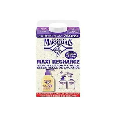 Image de Le Petit Marseillais Maxi Recharge Gel Lavant mains au Pur Savon &amp; lavande (brique de 750 ml) liquide pour flacon pompe à l’huile essentielle