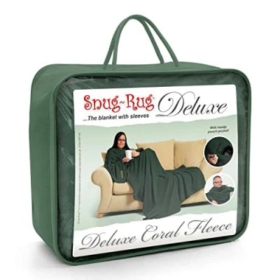 Afbeelding van Groene Snug Rug Deluxe deken met mouwen, fleecedeken voor dames en heren, 260 g/m², luxueus, volwassenen, tv deken, winter, zakken