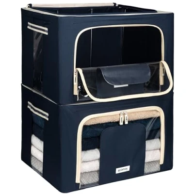 Afbeelding van Starre opvouwbare kledingopbergbox met ritssluiting, metalen frame, opbergtas voor dekbedden, kleding, beddengoed, stabiele opbergdoos stapelbare kledingdoos